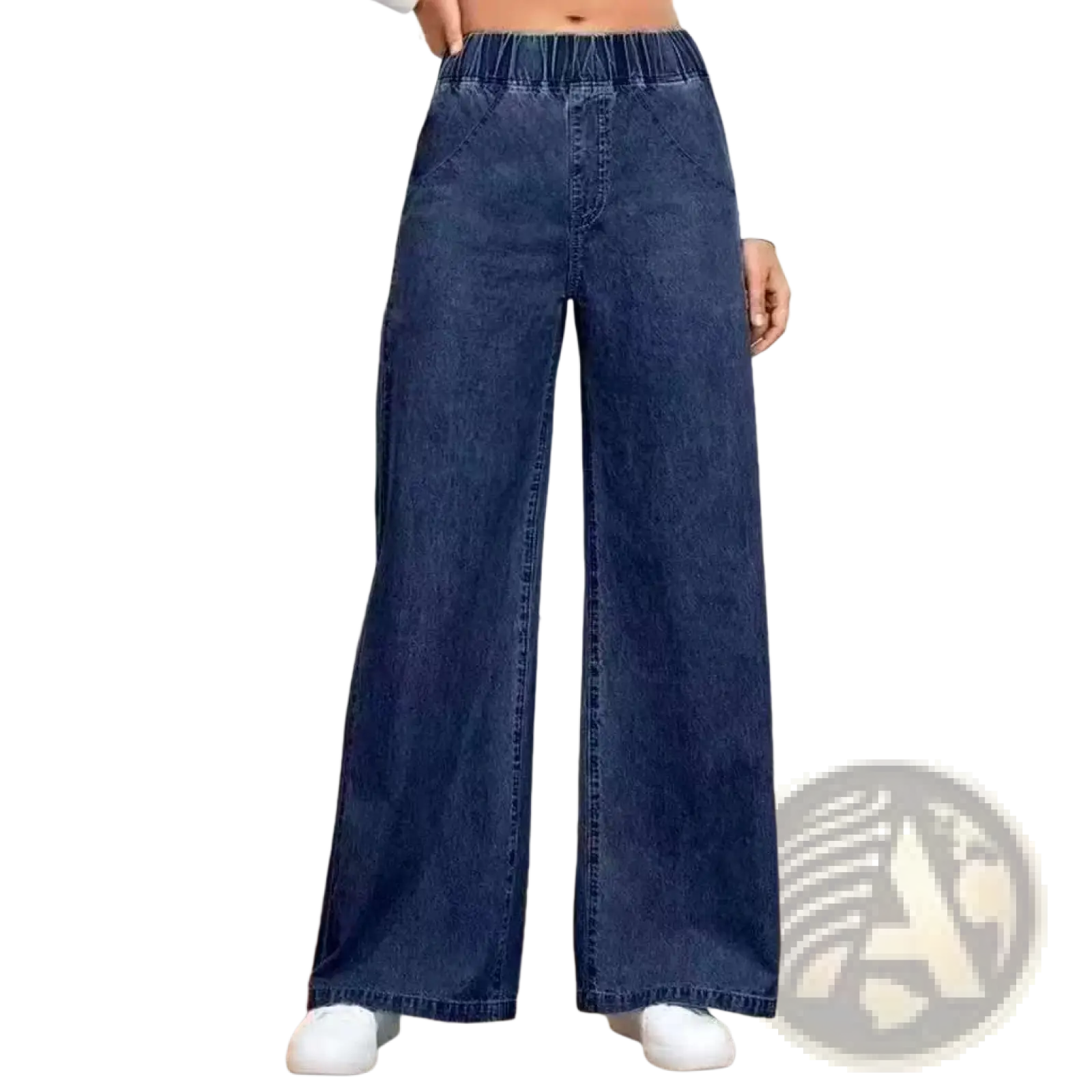 Light wash wide leg denim pants in dark blue with elastic waistband made of denim material