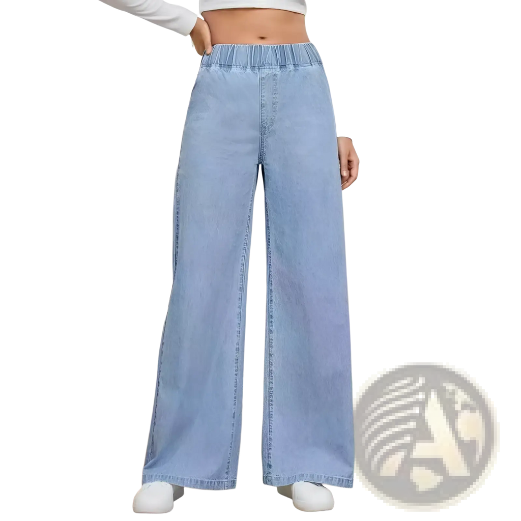 Light wash wide leg denim pants with elastic waistband made of light-wash denim for comfortable casual wear
