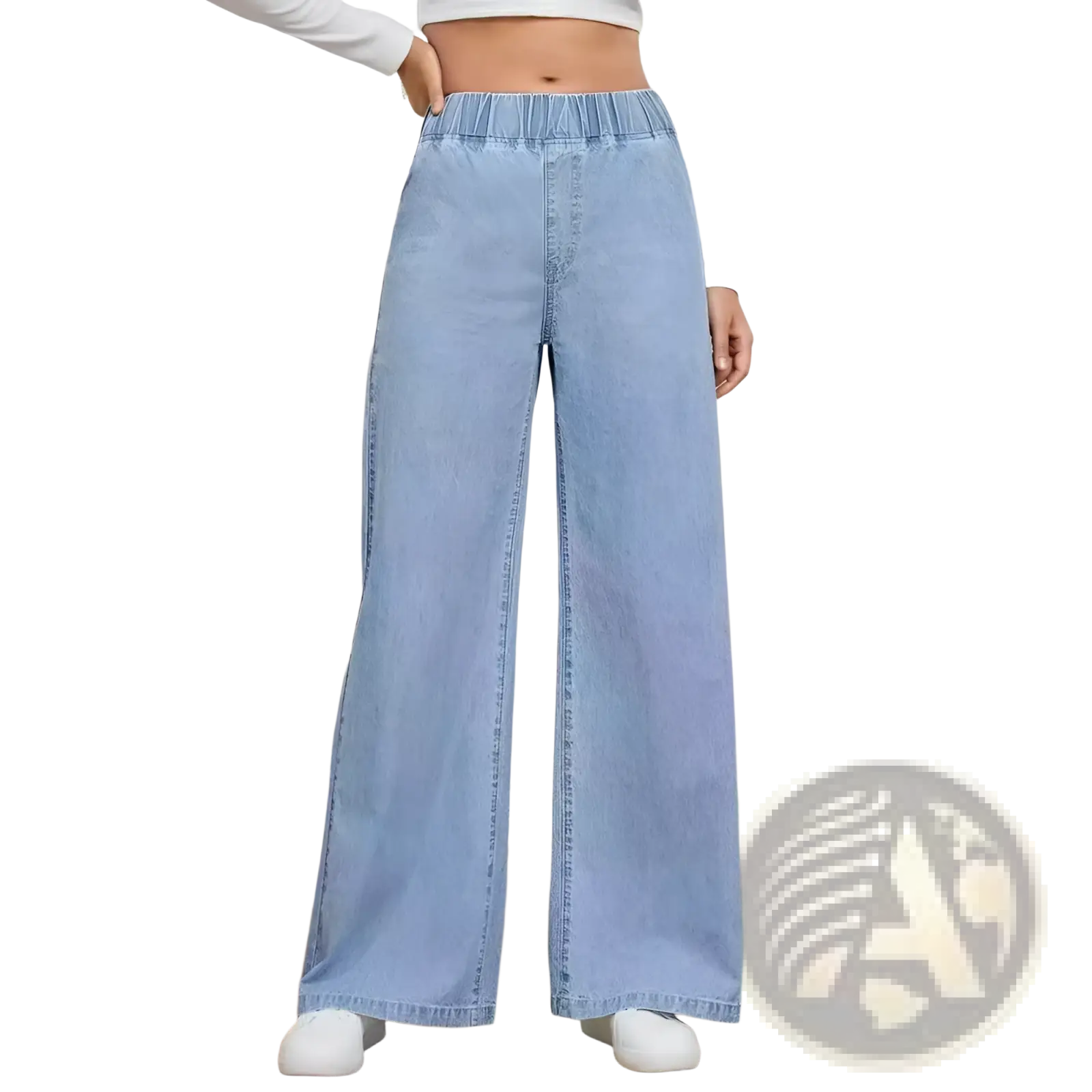 Light wash wide leg denim pants with elastic waistband made of light-wash denim for comfortable casual wear