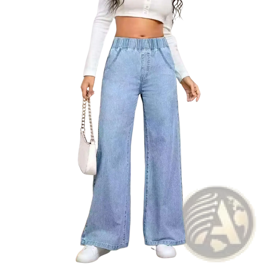 Light wash wide leg denim pants featuring an elastic waistband in light-wash denim fabric