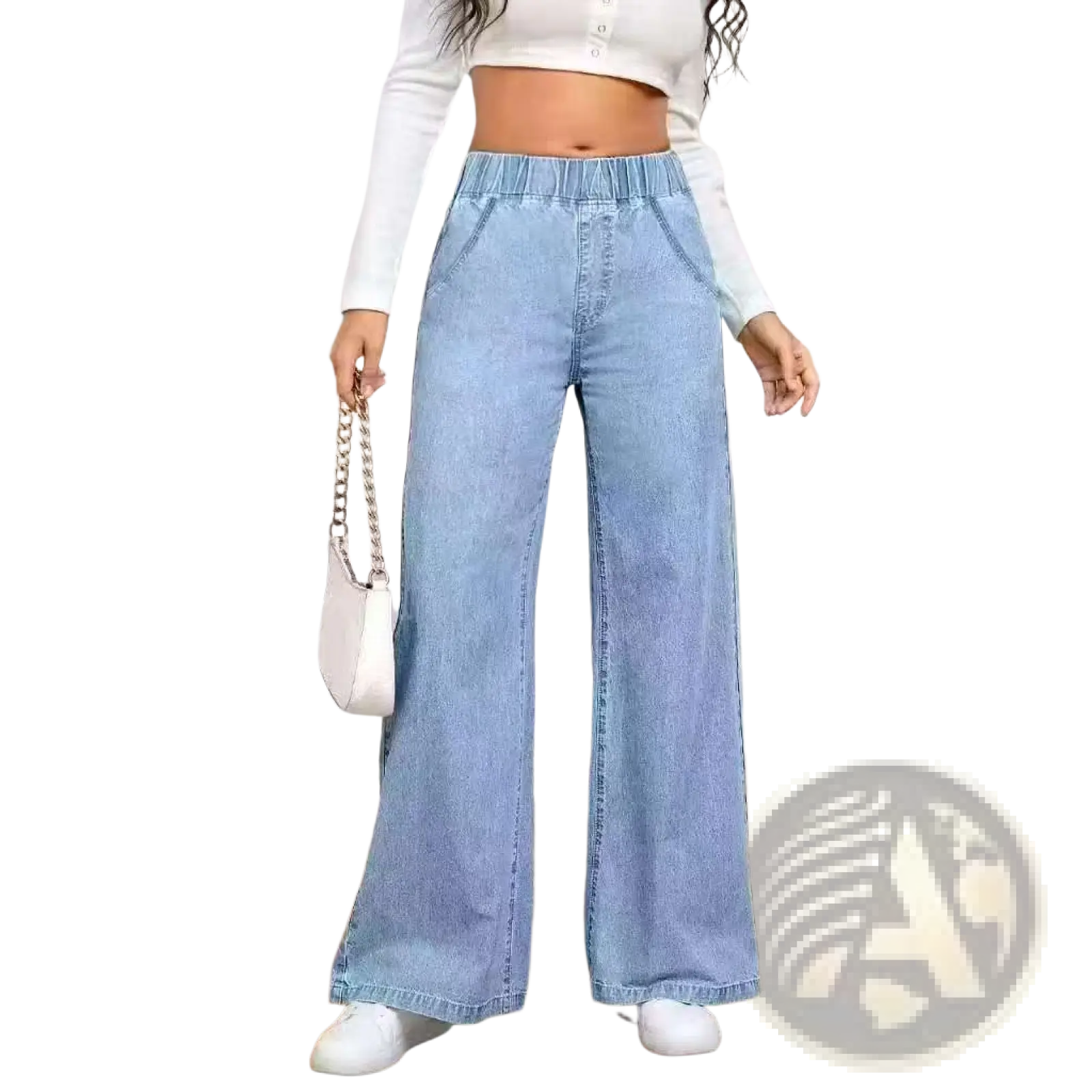 Light wash wide leg denim pants featuring an elastic waistband in light-wash denim fabric