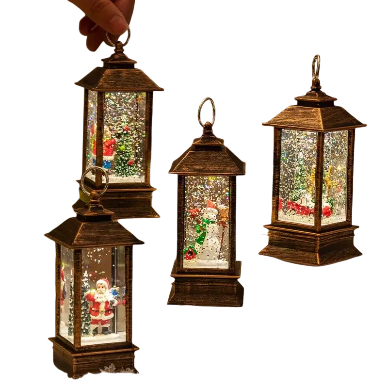Antique bronze finished lanterns with illuminated snow globe interiors featuring festive holiday scenes