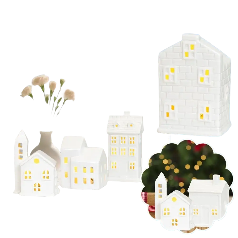 White ceramic led christmas village houses ornament with glowing yellow lights creating an enchanting winter wonderland