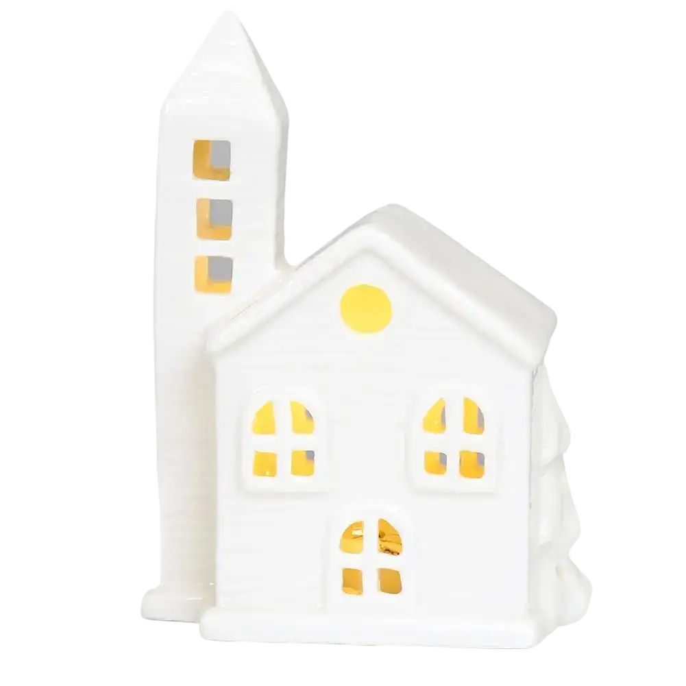 White ceramic church lantern with yellow lit windows and roof circular window in lighted ceramic christmas village houses