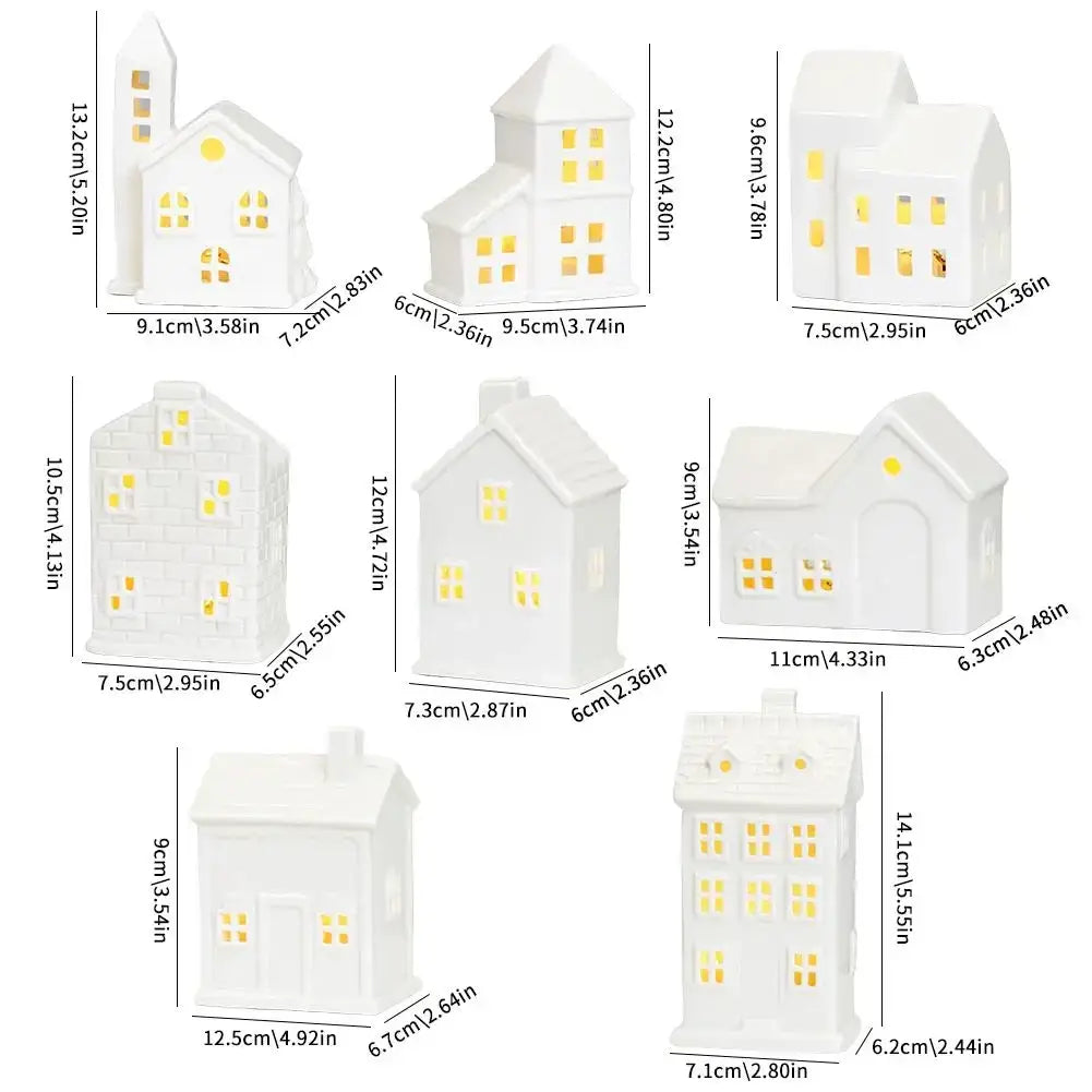 Lighted ceramic christmas village houses white led ornament with glowing yellow lights creating enchanting winter wonderland