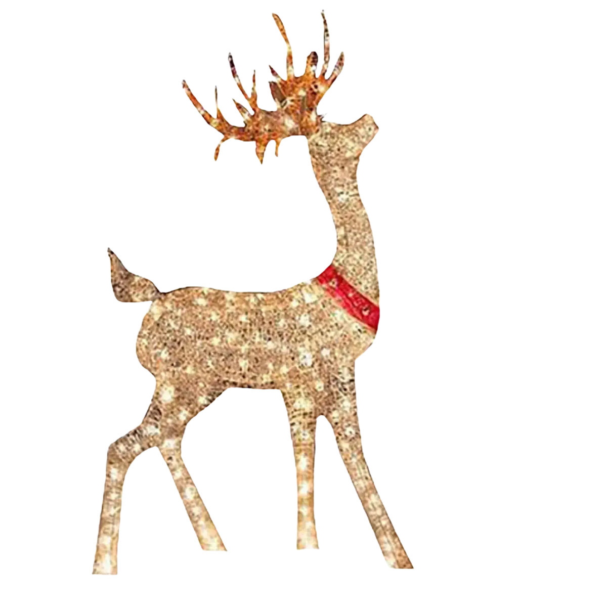 Golden glittery lighted christmas reindeer ornament with red collar for outdoor yard decoration