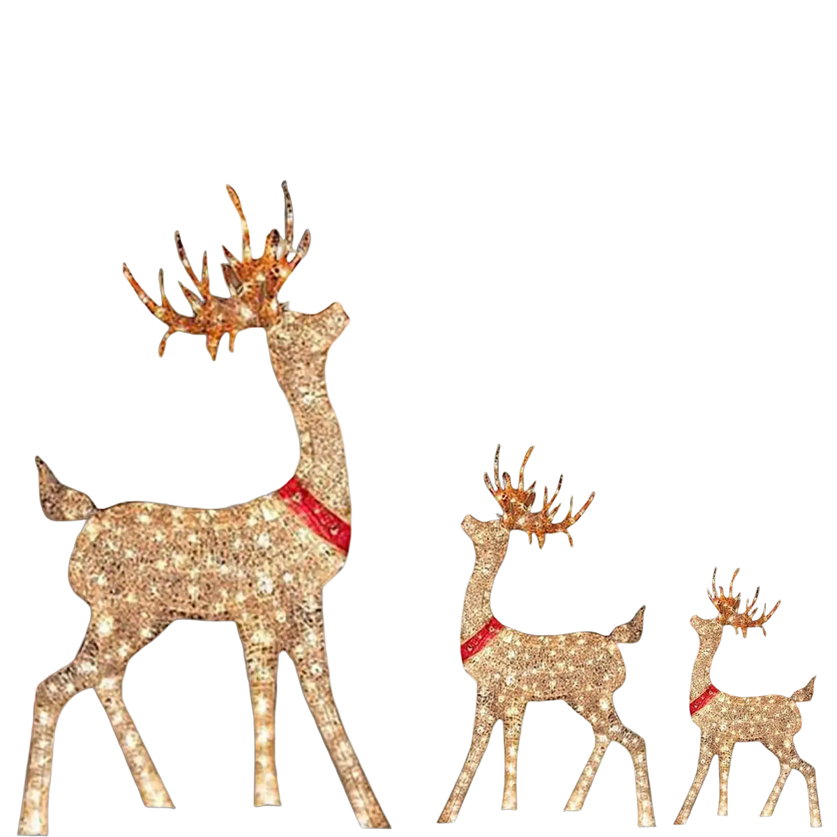 Three illuminated lighted christmas reindeer outdoor yard decorations in glittering gold mesh with red collars and led lights