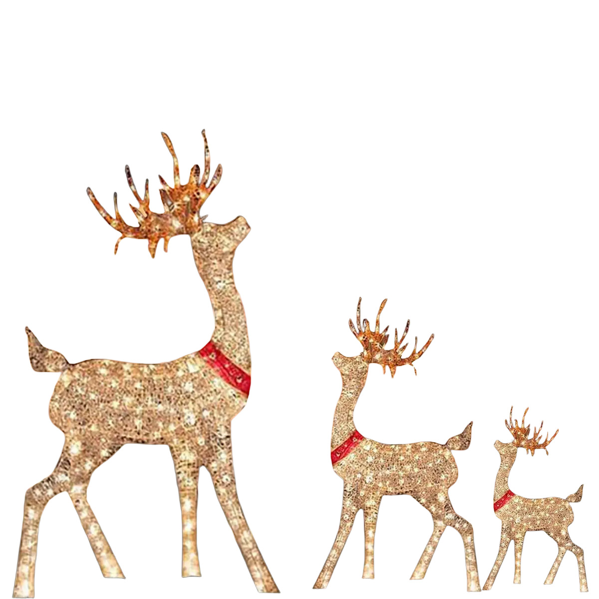 Three illuminated lighted christmas reindeer outdoor yard decorations crafted from sparkling gold led lights with red scarves