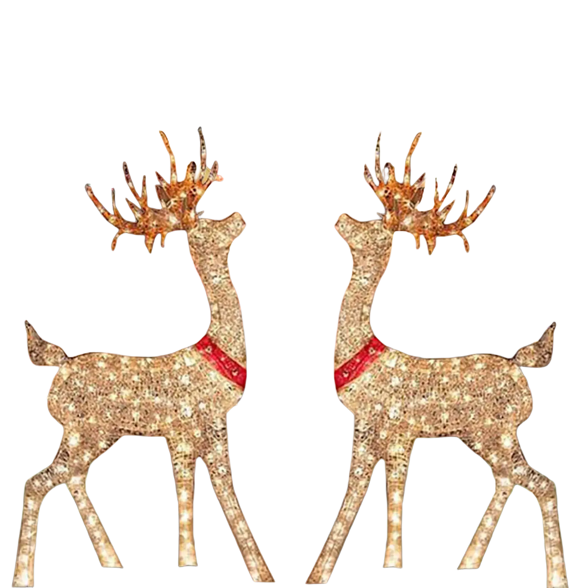 Two illuminated lighted Christmas reindeer outdoor yard decorations with white light mesh and red led neck bands