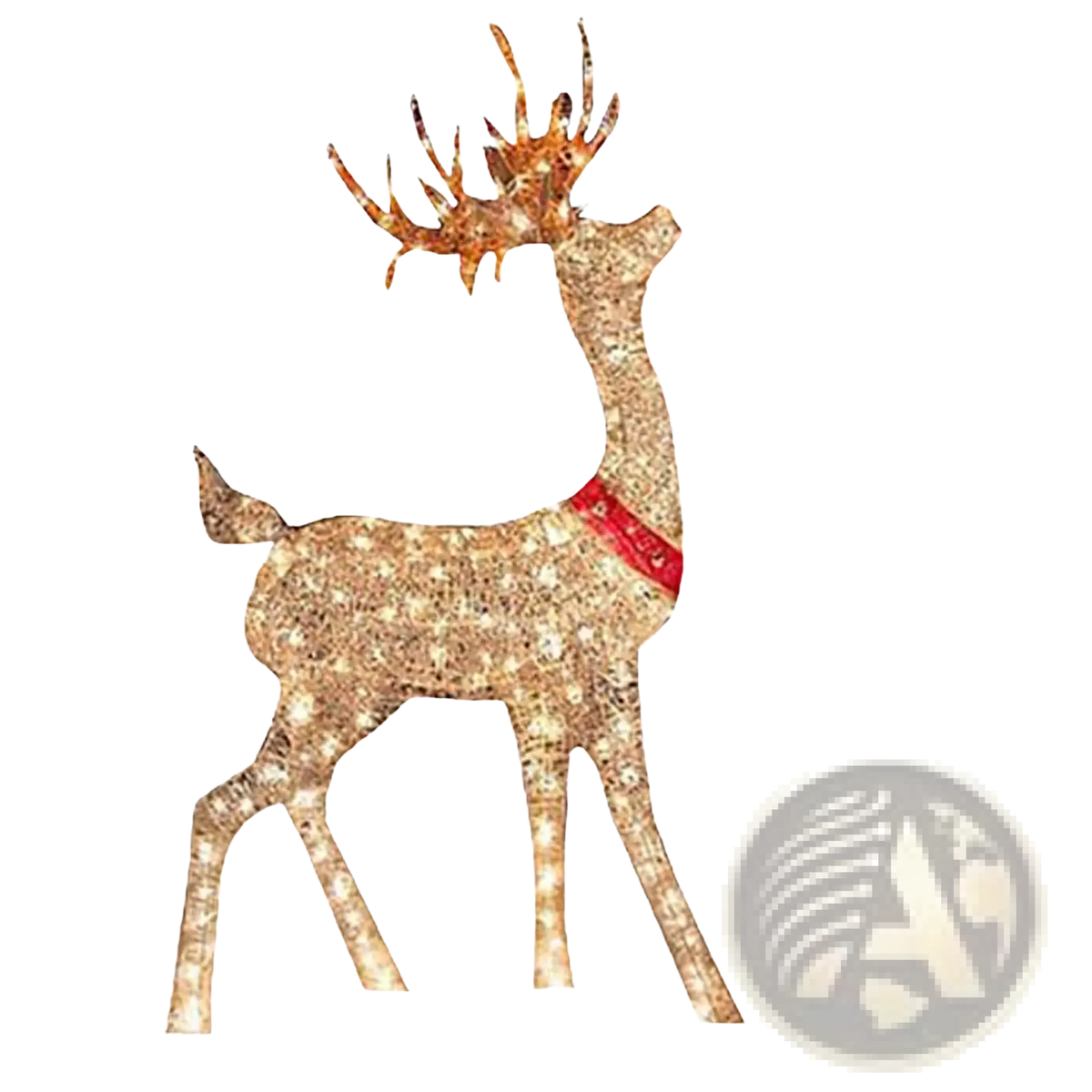 Lighted Christmas reindeer outdoor yard decoration in golden glitter with a red harness for festive display