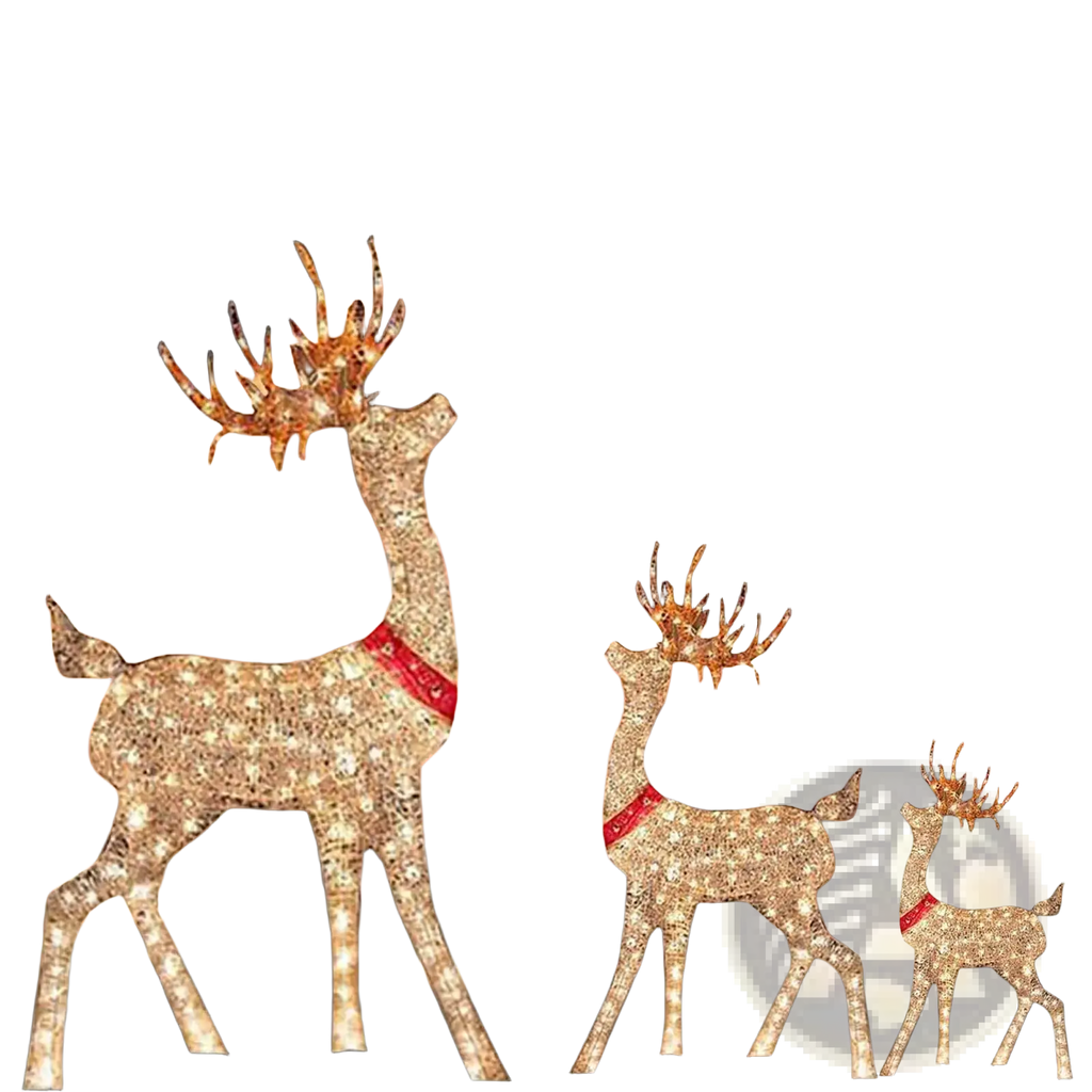 Three illuminated lighted christmas reindeer outdoor yard decorations crafted from sparkling gold led lights with red scarves
