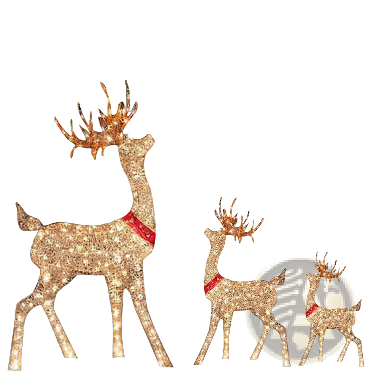 Three illuminated lighted christmas reindeer outdoor yard decorations in glittering gold mesh with red collars and led lights