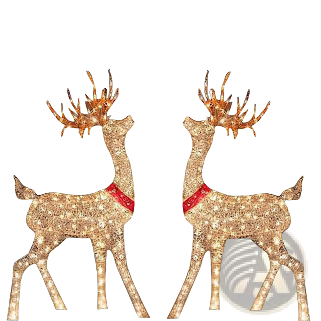 Two illuminated lighted christmas reindeer outdoor yard decorations with red collars and sparkling light antlers