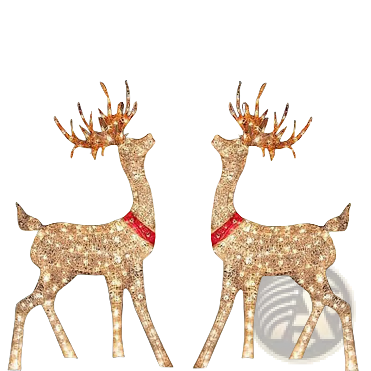 Two illuminated lighted christmas reindeer outdoor yard decorations with red collars and sparkling light antlers
