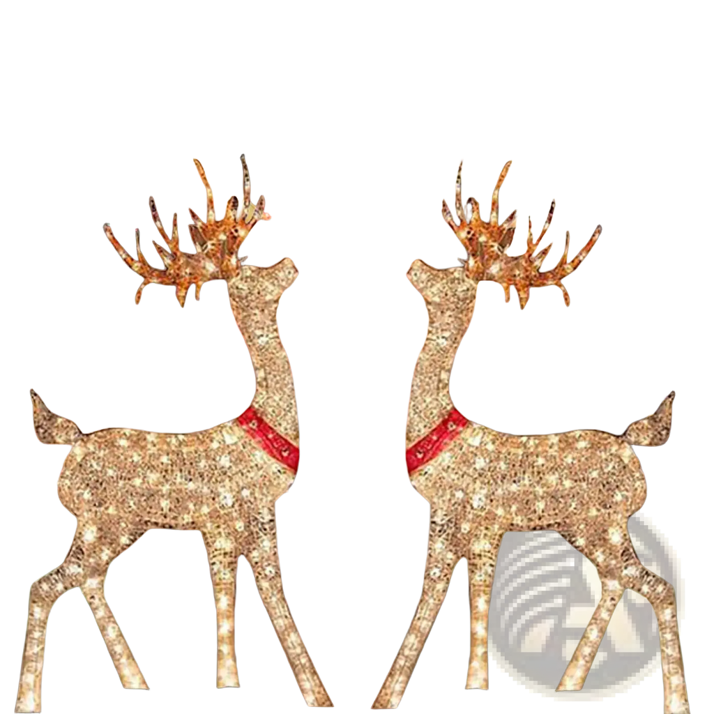 Two illuminated lighted Christmas reindeer outdoor yard decorations with white light mesh and red led neck bands