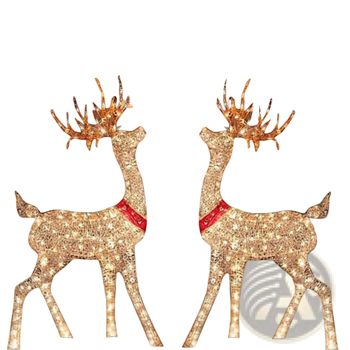 Two illuminated lighted Christmas reindeer outdoor yard decorations with white light mesh and red led neck bands