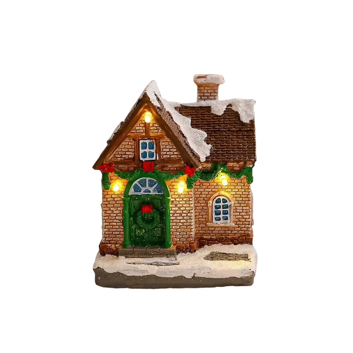 Lighted christmas village house ornament with brown brick facade green door red holly snow-dusted roof and warm lights