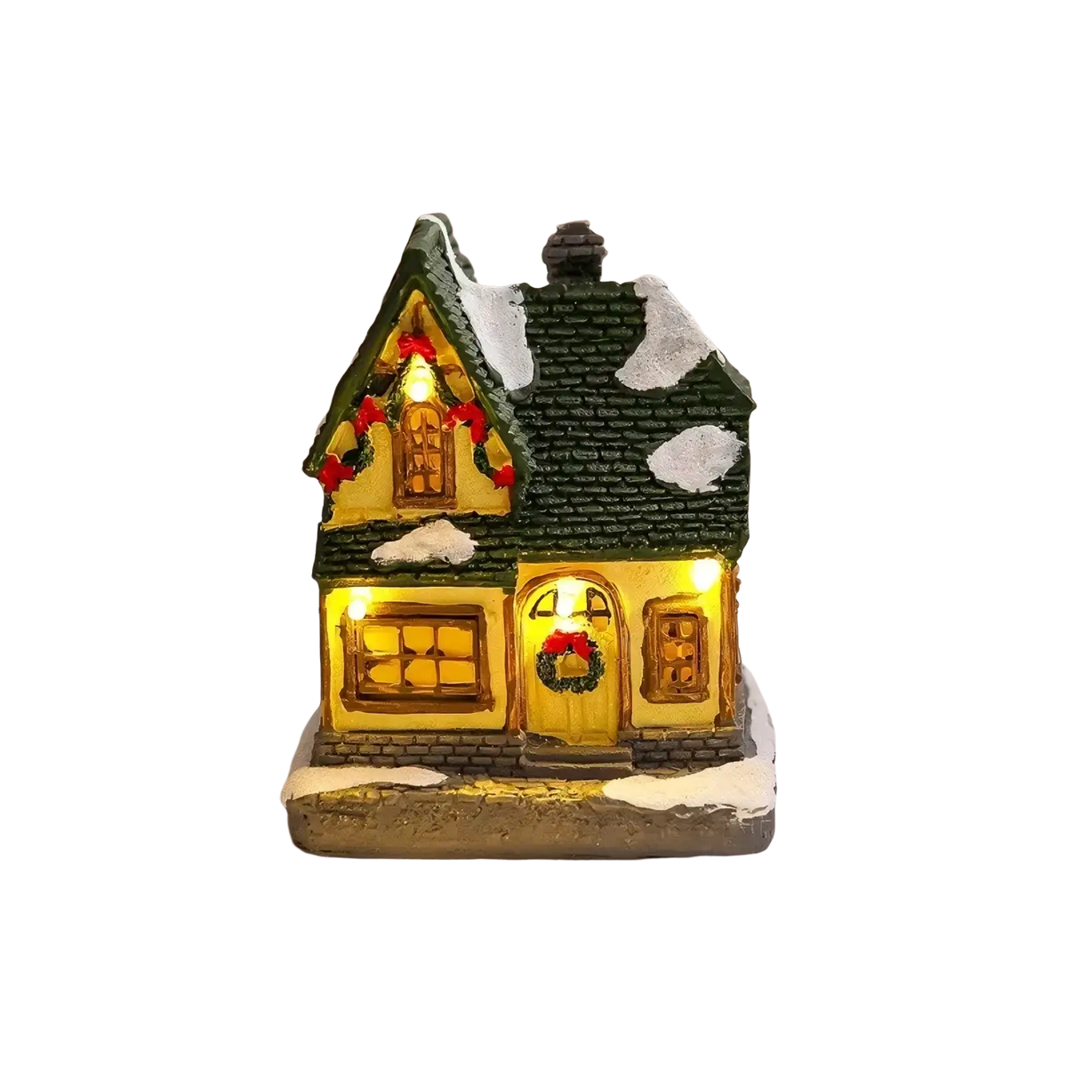 Lighted christmas village house ornament miniature with green roof yellow walls and festive red wreaths on windows and door