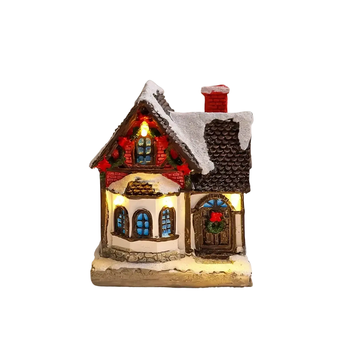 Lighted christmas village house ornament with red brick facade snow-dusted roof and warm glowing windows