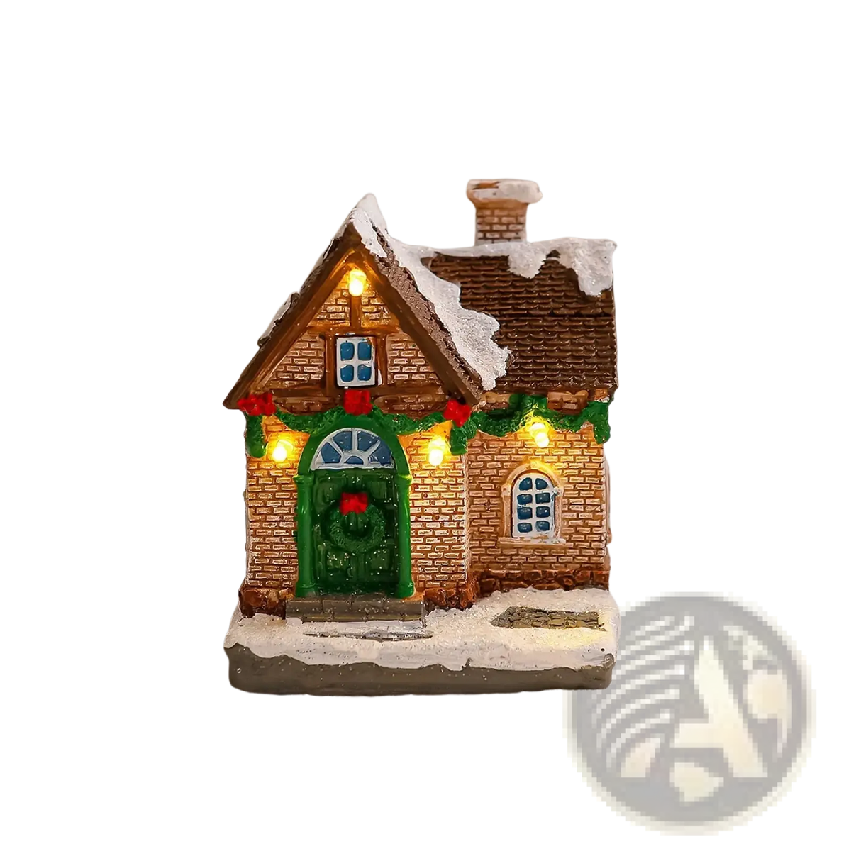 Lighted Christmas village house ornament with brown brick facade, green door, blue glass windows, and snow-dusted roof