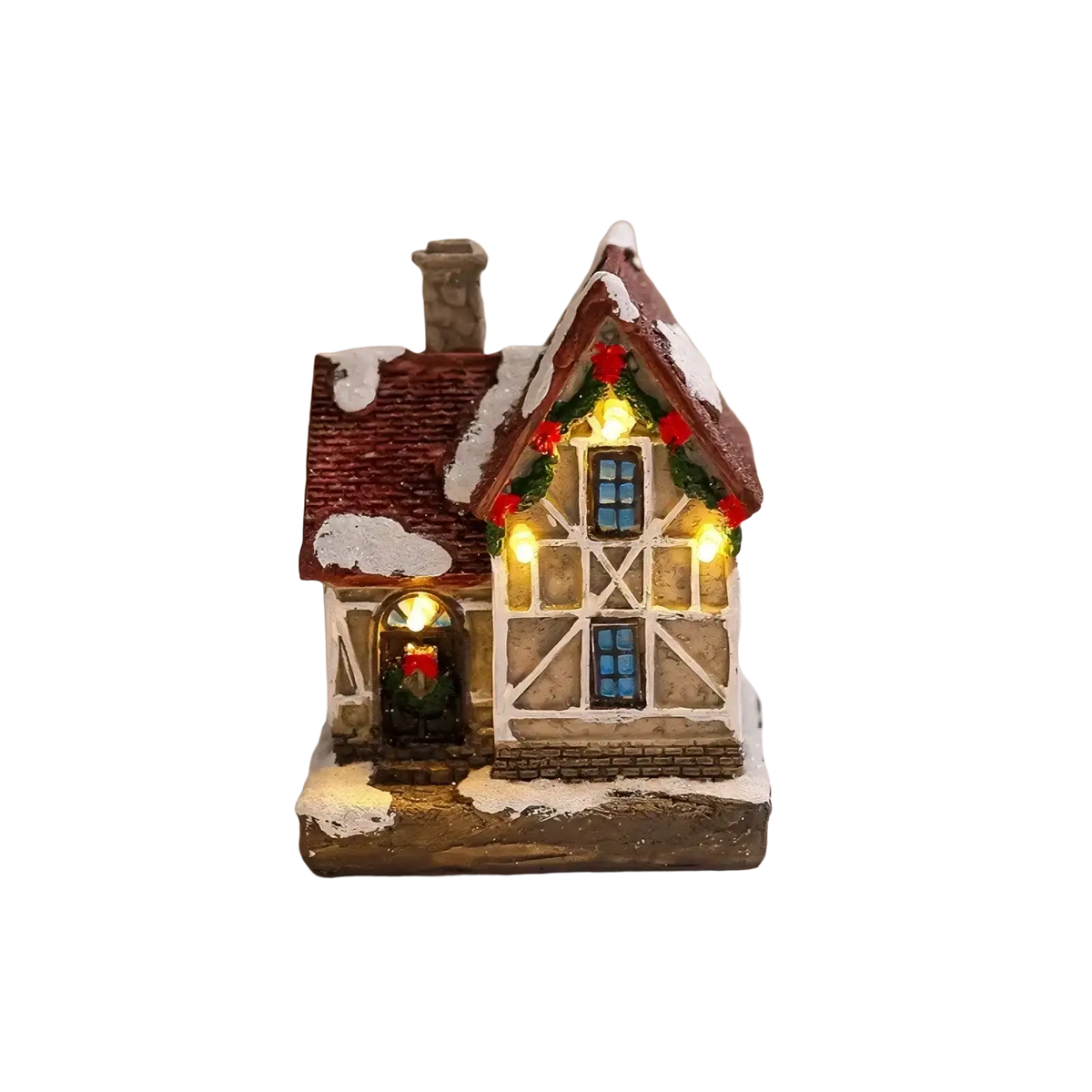 Lighted Christmas village house ornament miniature with red roof white snow-dusted facade and blue festive windows