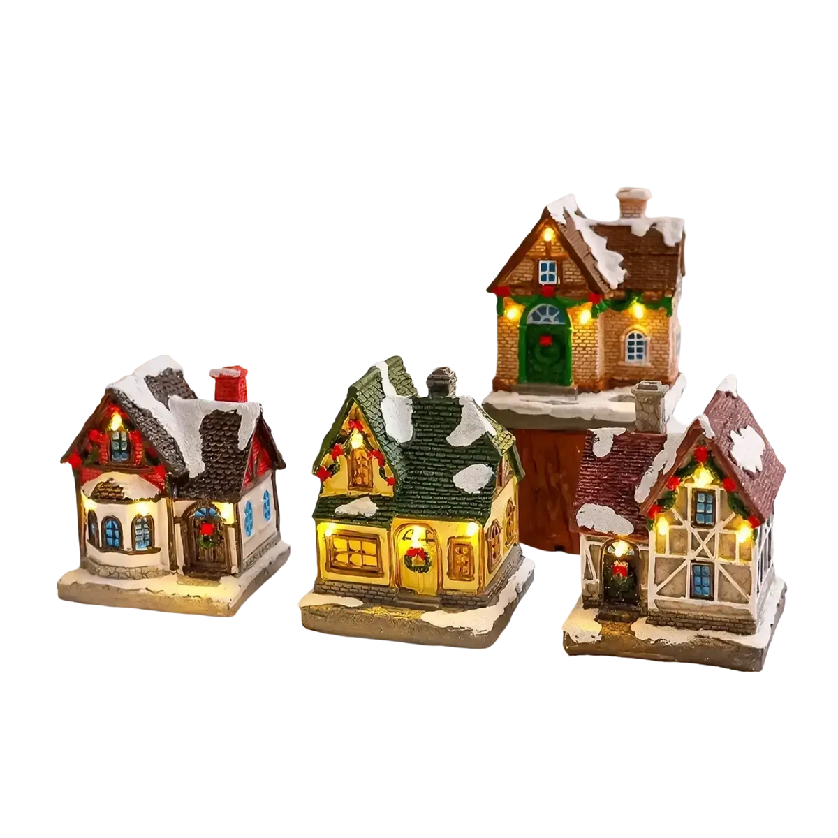 Lighted Christmas village house ornament featuring three snow-dusted miniature houses with glowing festive lights