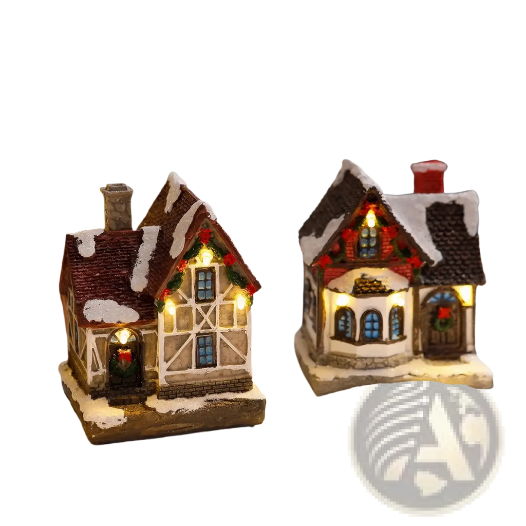 Lighted Christmas village house ornament with two miniature beige and brown timber-framed houses and snow-dusted roofs