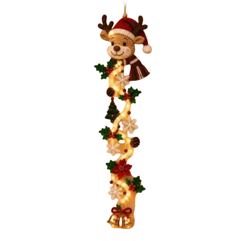 Crocheted reindeer lighted christmas wall decor with red santa hat green scarf led lights and composite material accents