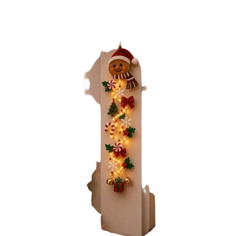 Lighted christmas wall decor gingerbread man door hanger in composite material with red green decorations and twinkling lights