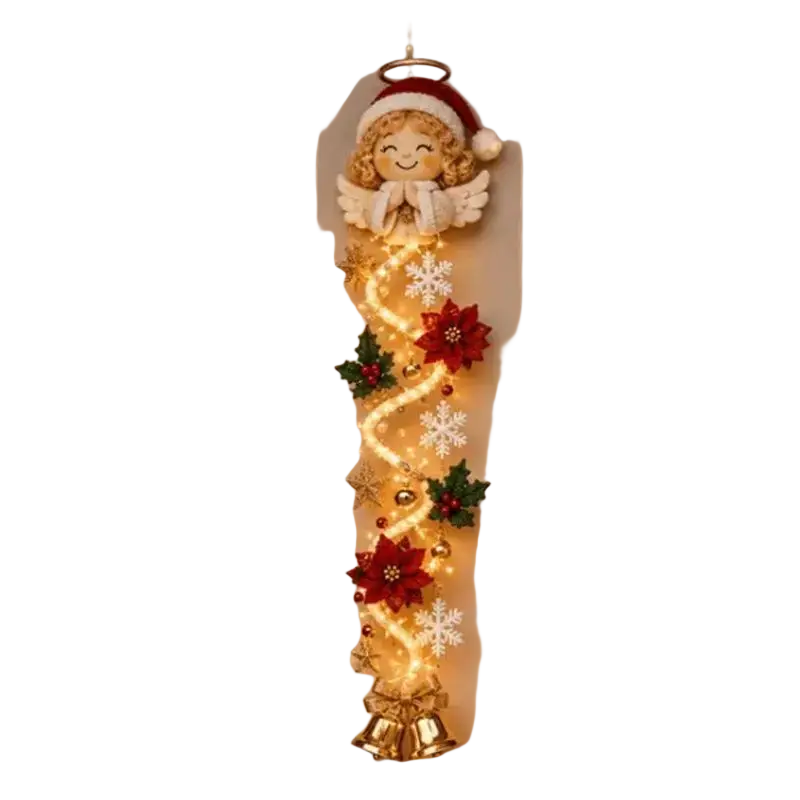 Lighted christmas wall decor featuring a festive reindeer garland with knitted face, red santa hat, pinecones, and glowing lights