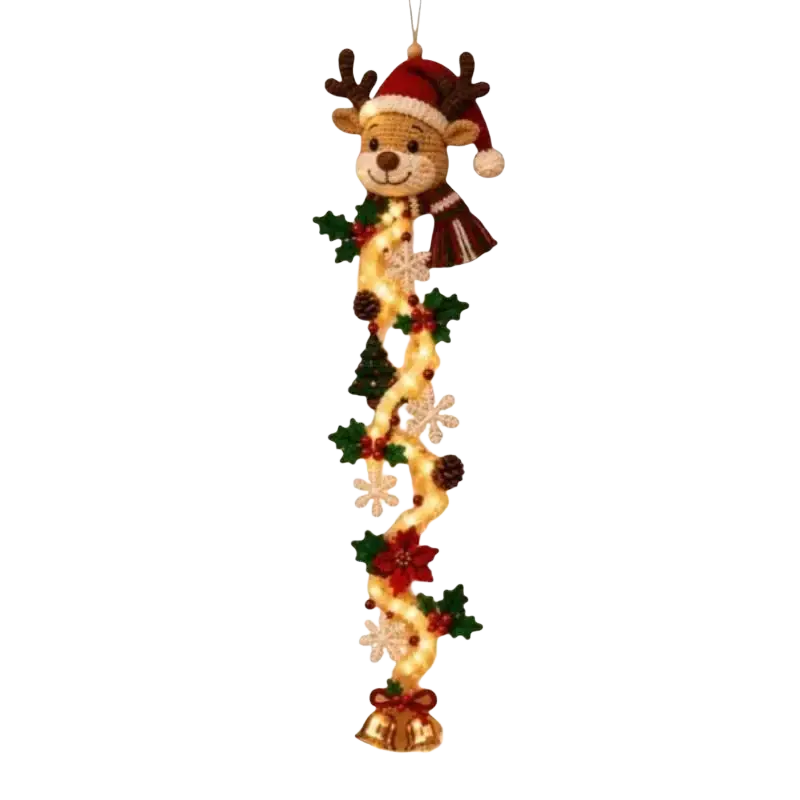 Festive crocheted reindeer ornament with red santa hat and glowing lights for lighted christmas wall decor