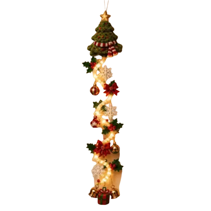 Festive lighted christmas wall garland with warm lights red green ornaments holly snowflakes and striped scarf topper