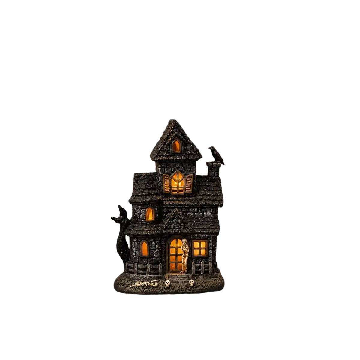 Black haunted house resin figurine with glowing orange windows and a skeleton at the door lighted haunted house