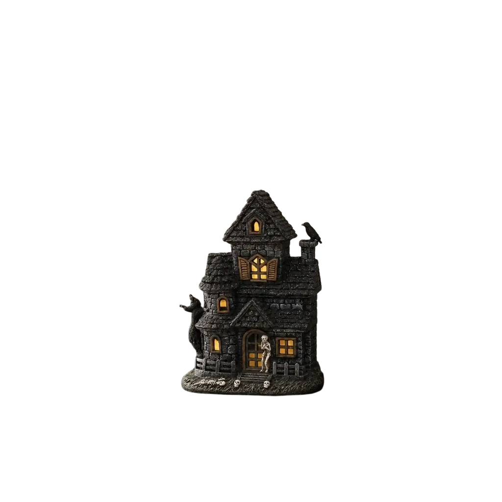 Dark gray lighted haunted house resin figurine with glowing yellow windows, skeleton at the door, and crow on the roof
