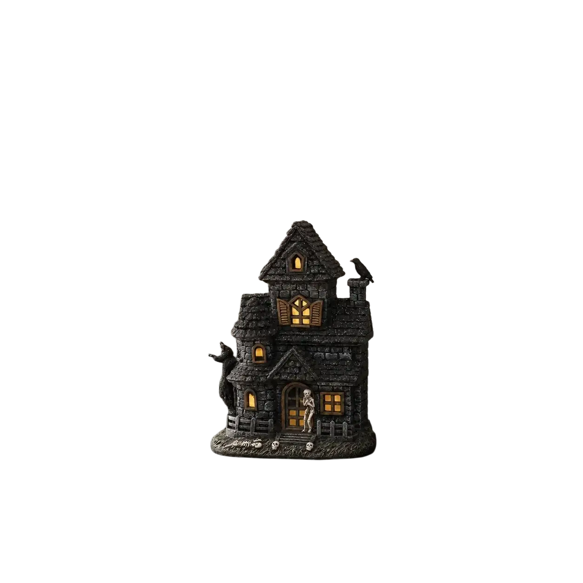 Dark gray lighted haunted house resin figurine with glowing yellow windows, skeleton at the door, and crow on the roof