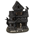 Dark gray textured resin lighted haunted house figurine with crooked roof, skeleton figure, skulls, and crow details