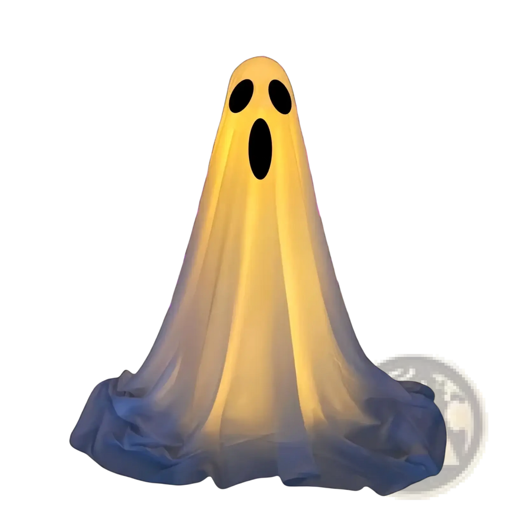 Lighted standing halloween witch hat ghost decor featuring a glowing yellow inflatable ghost with black eye and mouth cutouts made of translucent fabric