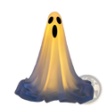 Lighted standing halloween witch hat ghost decor featuring a glowing yellow inflatable ghost with black eye and mouth cutouts made of translucent fabric