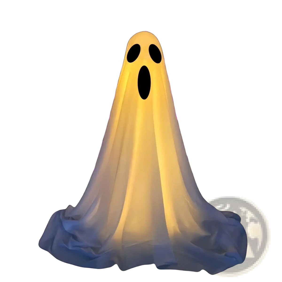 Lighted standing halloween witch hat ghost decor featuring a glowing yellow inflatable ghost with black eye and mouth cutouts made of translucent fabric