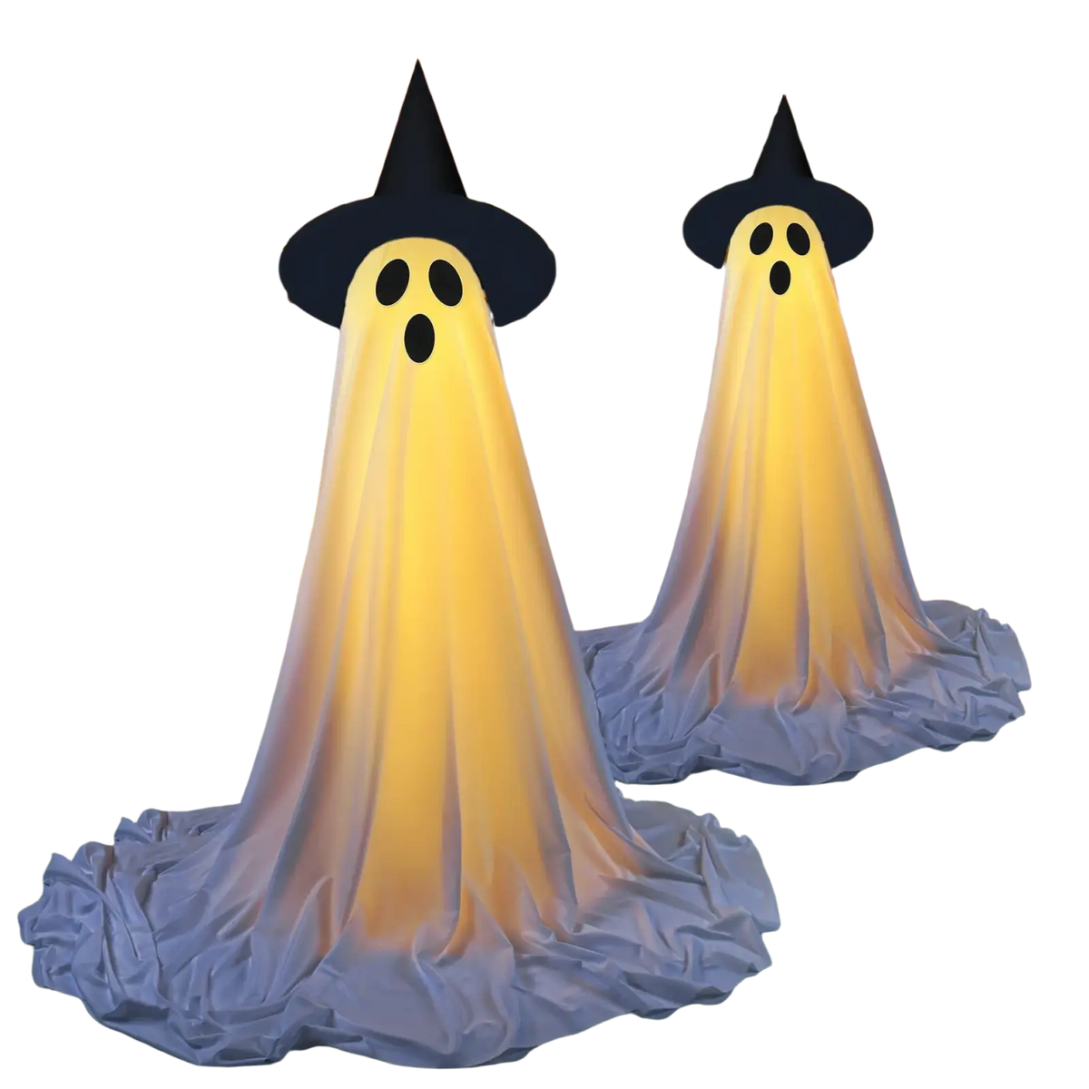 Two illuminated translucent yellow standing Halloween witch hat ghost decor figures with simple facial features outdoors
