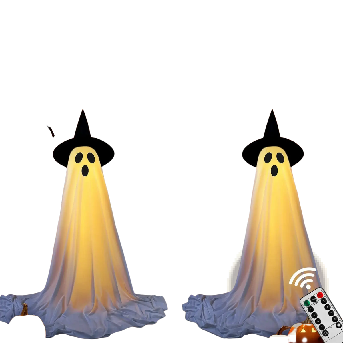 Two glowing white lighted standing halloween witch hat ghost decorations with black hats by a dark door and pumpkins