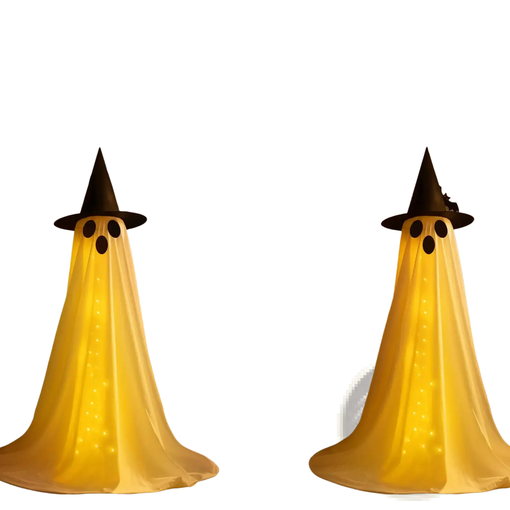 Two glowing yellow lighted standing halloween witch hat ghost decor with black hats and dotted light patterns