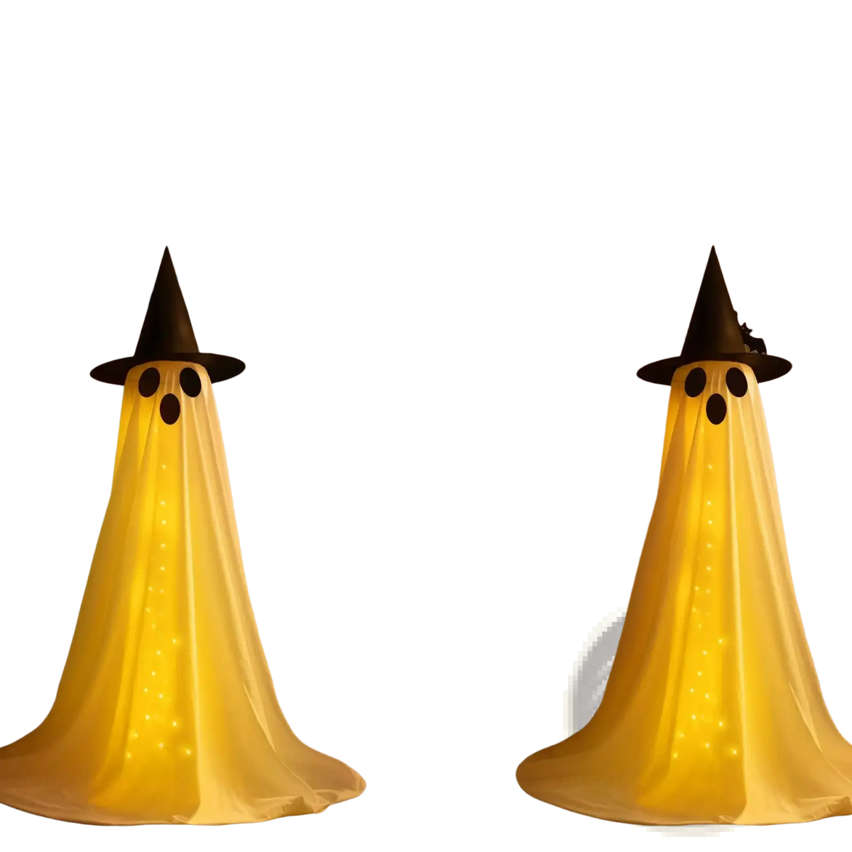 Two glowing yellow lighted standing halloween witch hat ghost decor with black hats and dotted light patterns