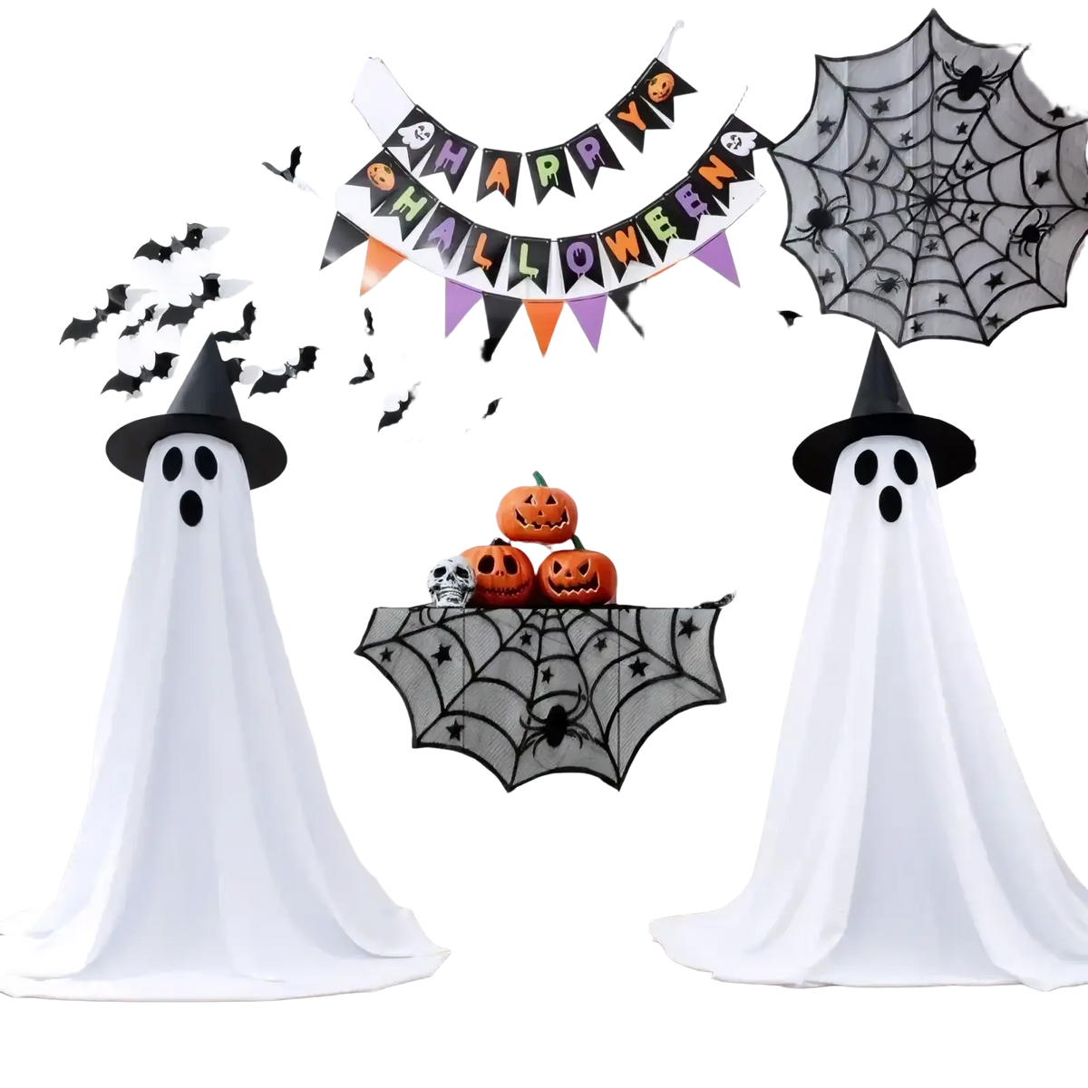 Lighted standing Halloween ghost decor in white fabric with black eye cutouts and tall black witch hat