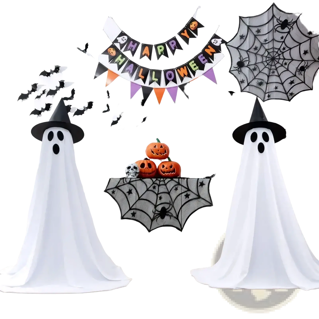 Lighted standing Halloween ghost decor in white fabric with black eye cutouts and tall black witch hat