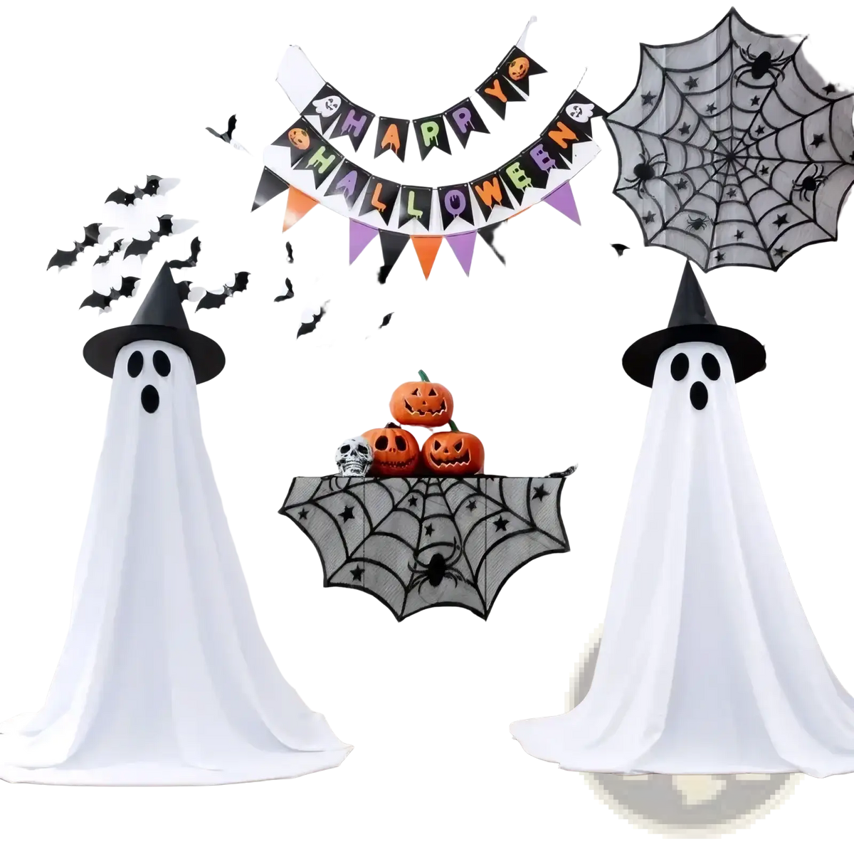 Lighted standing Halloween ghost decor in white fabric with black eye cutouts and tall black witch hat