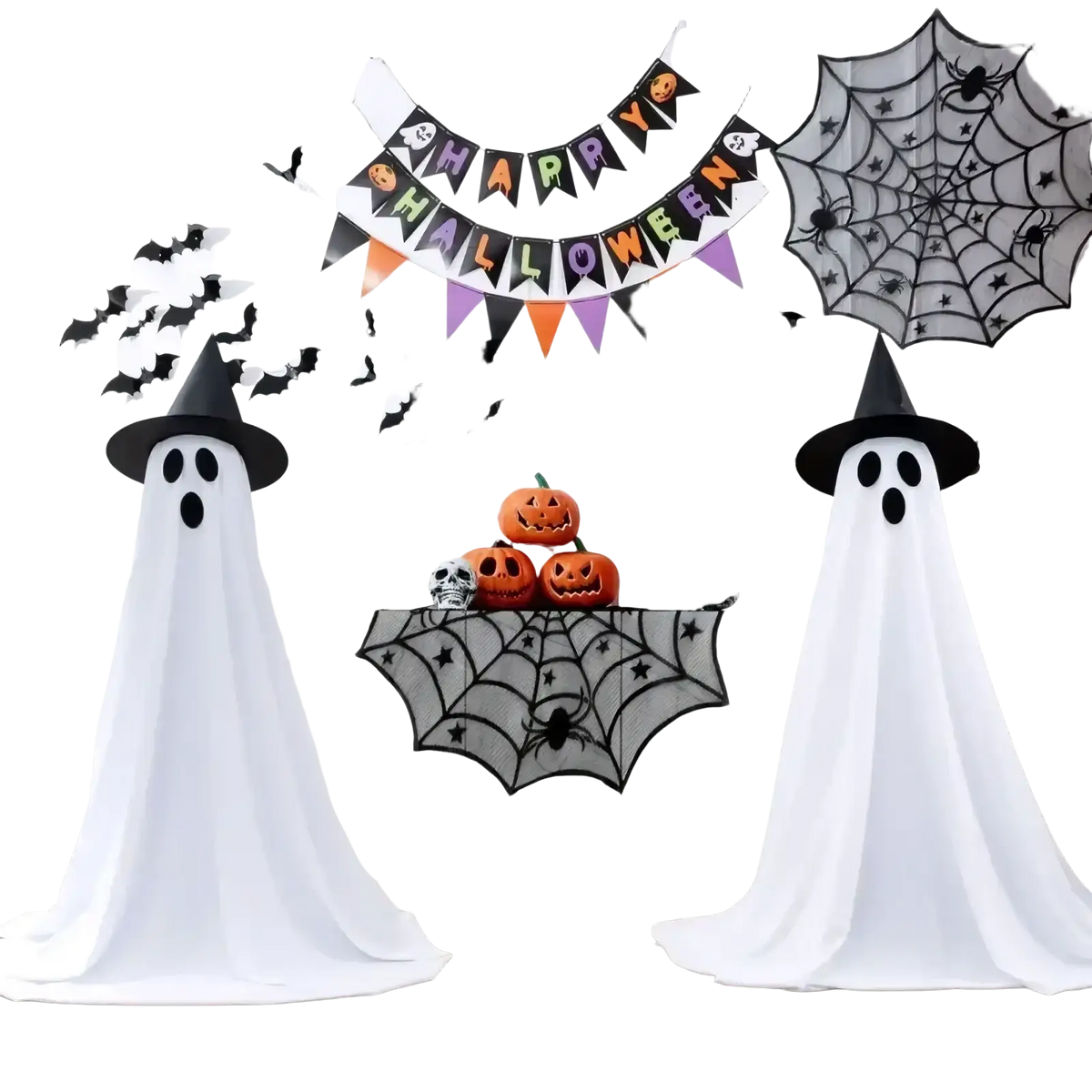 White ghost figurines with black halloween witch hats featuring simple facial features in lighted standing decor