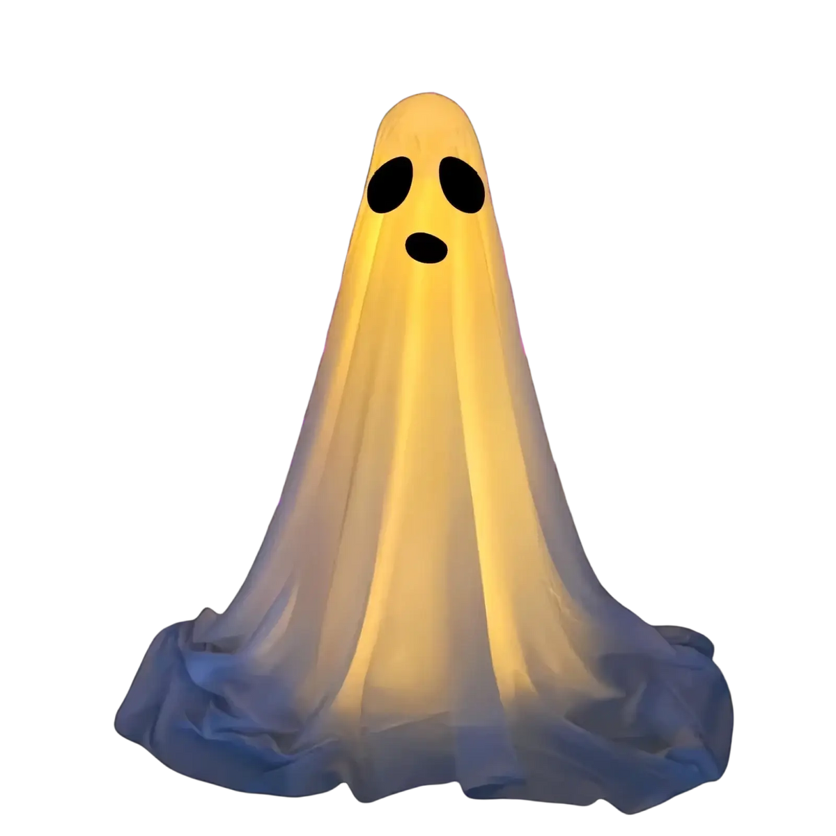 Lighted standing halloween witch hat ghost decor with glowing white translucent fabric and black eye and mouth cutouts