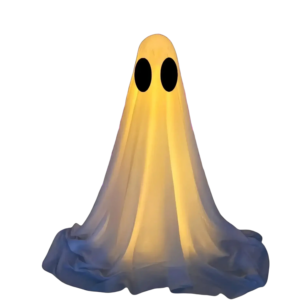 A glowing yellow ghost figurine with black oval eyes and translucent fabric wearing a lighted standing halloween witch hat decor