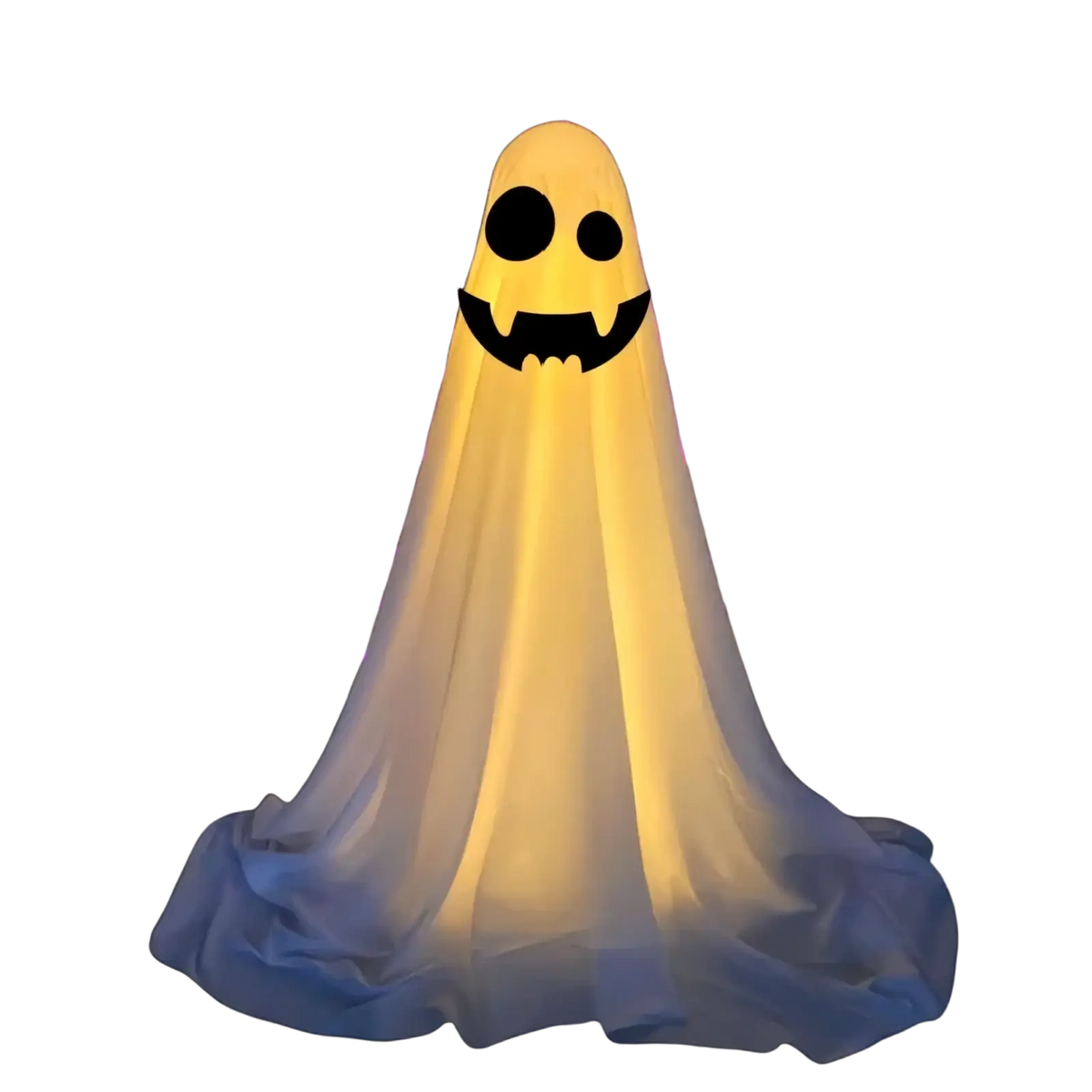 Lighted standing halloween witch hat ghost decor glowing yellow inflatable translucent ghost with black eyes and smiling mouth